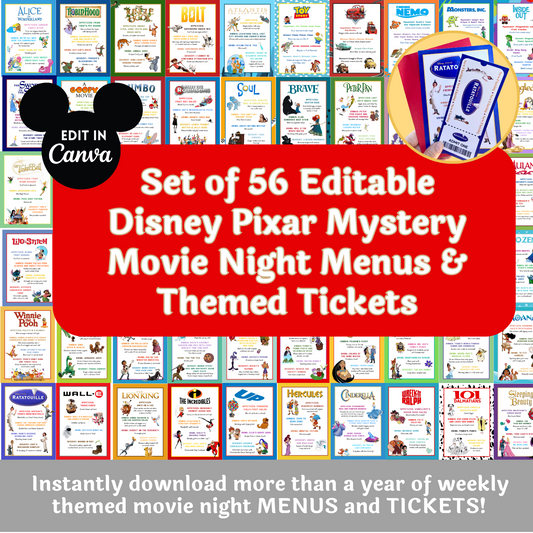 Disney Dinner and a Movie Night Menus and Movie Tickets Set of 56 Unique Disney Movies